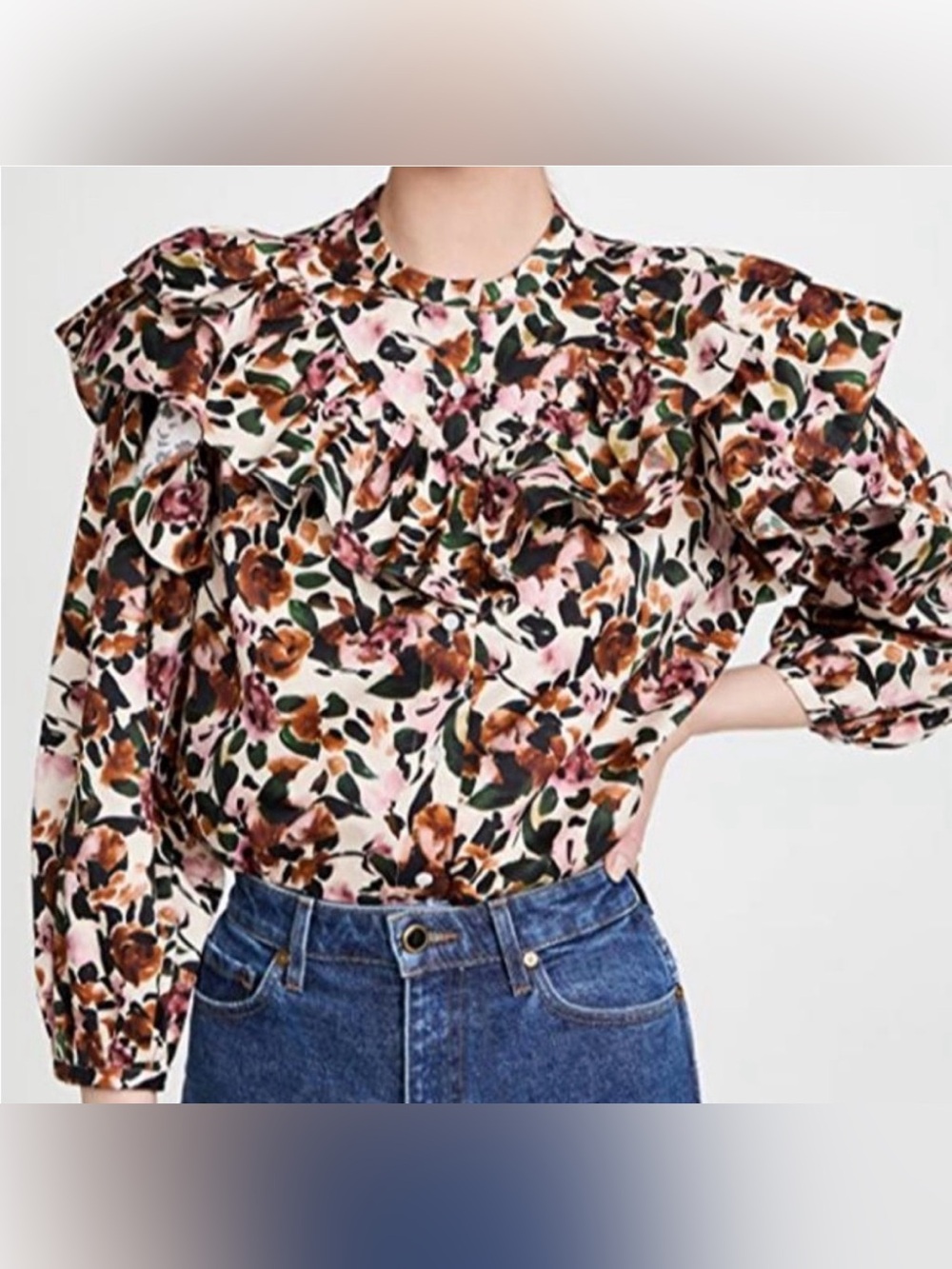 Something Navy Floral Ruffle Yoke Blouse in Pink, Brown & Green